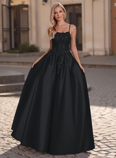 A-Line Scoop Neck Spaghetti Straps Satin Prom Dresses With Lace Applique