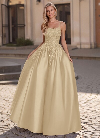A-Line Scoop Neck Spaghetti Straps Satin Prom Dresses With Lace Applique