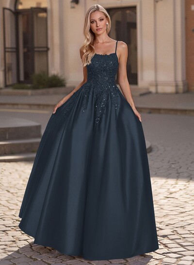 A-Line Scoop Neck Spaghetti Straps Satin Prom Dresses With Lace Applique