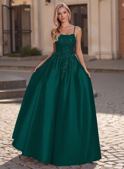 A-Line Scoop Neck Spaghetti Straps Satin Prom Dresses With Lace Applique