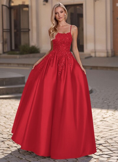 A-Line Scoop Neck Spaghetti Straps Satin Prom Dresses With Lace Applique