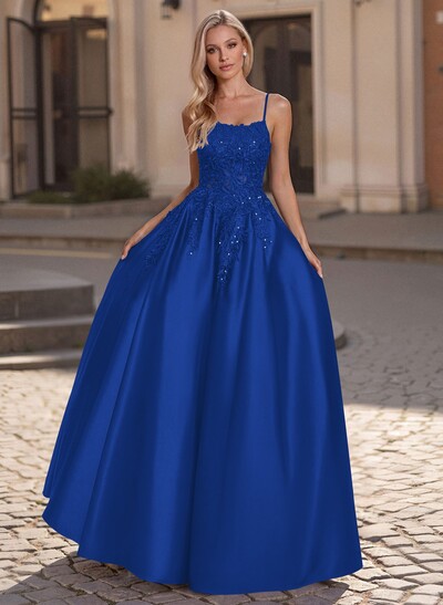 A-Line Scoop Neck Spaghetti Straps Satin Prom Dresses With Lace Applique