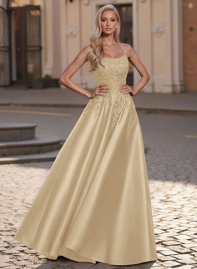 A-Line Scoop Neck Spaghetti Straps Satin Prom Dresses With Lace Applique
