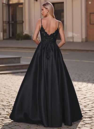 A-Line Scoop Neck Spaghetti Straps Satin Prom Dresses With Lace Applique