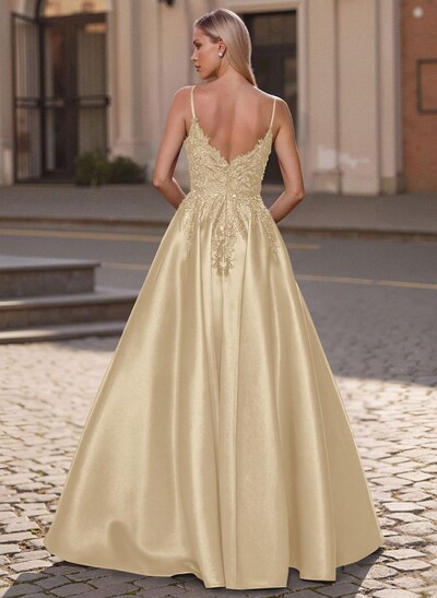 A-Line Scoop Neck Spaghetti Straps Satin Prom Dresses With Lace Applique