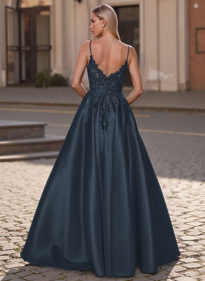 A-Line Scoop Neck Spaghetti Straps Satin Prom Dresses With Lace Applique