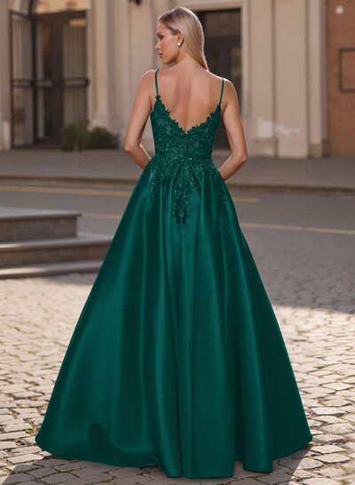A-Line Scoop Neck Spaghetti Straps Satin Prom Dresses With Lace Applique