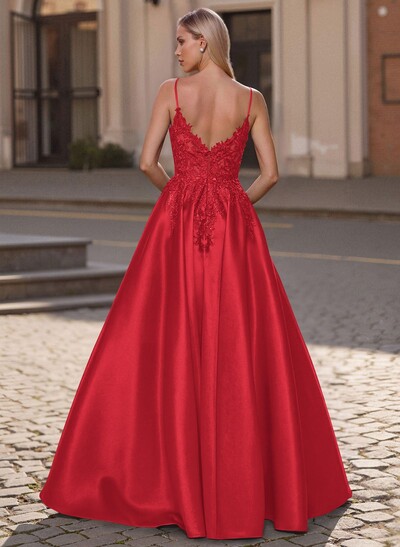 A-Line Scoop Neck Spaghetti Straps Satin Prom Dresses With Lace Applique