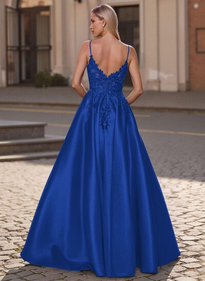 A-Line Scoop Neck Spaghetti Straps Satin Prom Dresses With Lace Applique
