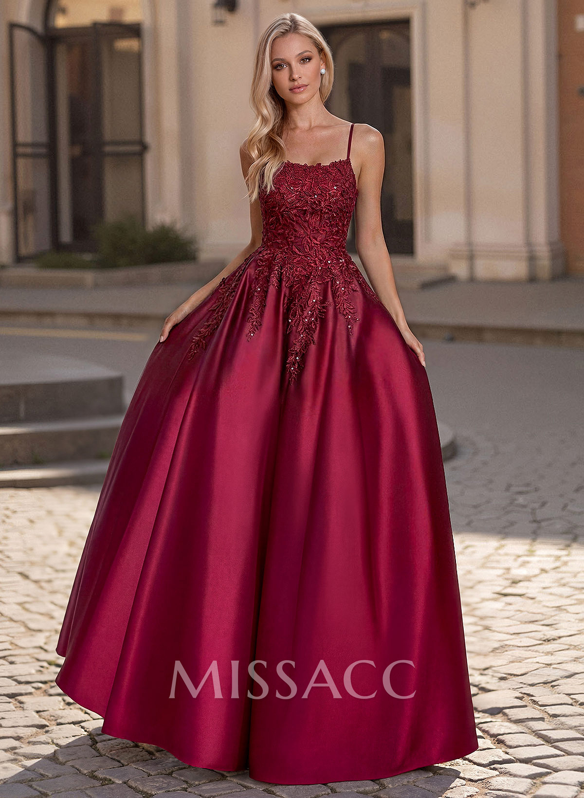 A-Line Scoop Neck Spaghetti Straps Satin Prom Dresses With Lace Applique A-Line Scoop Neck Spaghetti Straps Satin Prom Dresses With Lace Applique