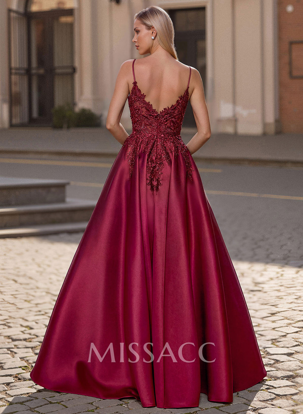 A-Line Scoop Neck Spaghetti Straps Satin Prom Dresses With Lace Applique A-Line Scoop Neck Spaghetti Straps Satin Prom Dresses With Lace Applique