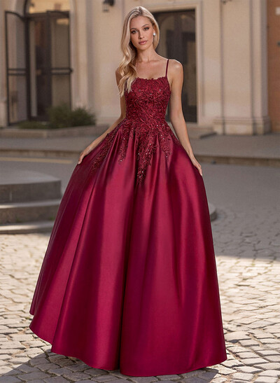 A-Line Scoop Neck Spaghetti Straps Satin Prom Dresses With Lace Applique