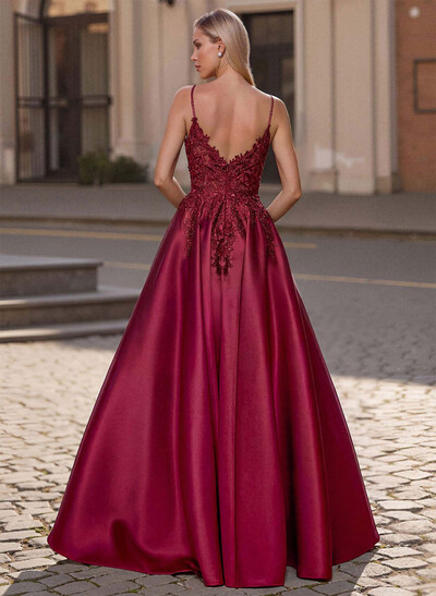 A-Line Scoop Neck Spaghetti Straps Satin Prom Dresses With Lace Applique