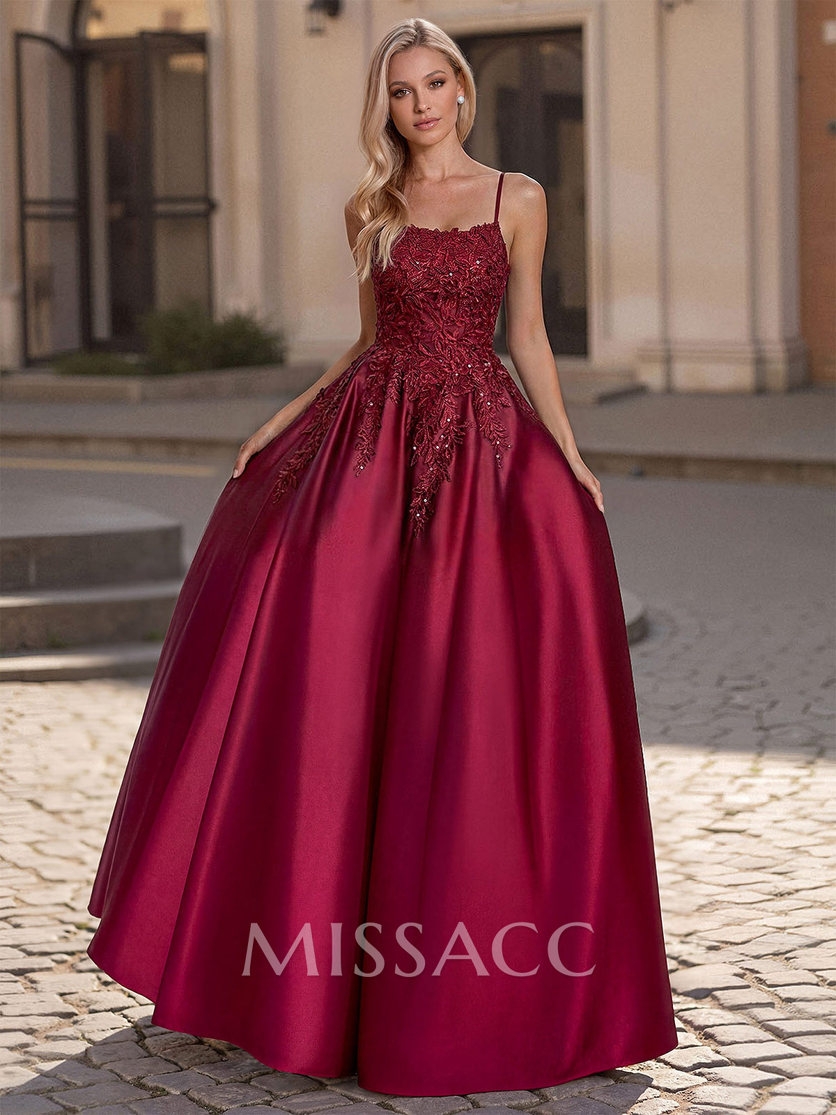 A-Line Scoop Neck Spaghetti Straps Satin Prom Dresses With Lace Applique A-Line Scoop Neck Spaghetti Straps Satin Prom Dresses With Lace Applique
