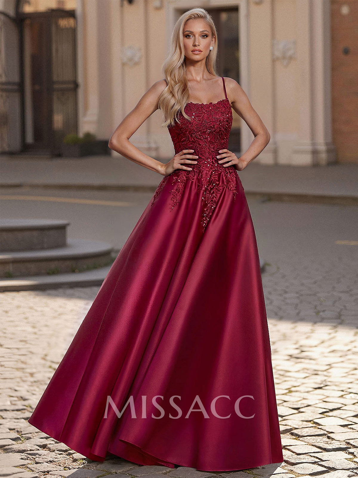A-Line Scoop Neck Spaghetti Straps Satin Prom Dresses With Lace Applique A-Line Scoop Neck Spaghetti Straps Satin Prom Dresses With Lace Applique