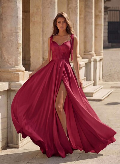 Classic Sweetheart Bow(s) A-Line High Split Sweep Train Matte Satin Prom Dresses