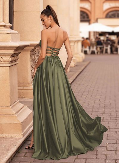 Minimalistic A-Line Strapless Matte Satin Prom Dresses With Lace Up Back