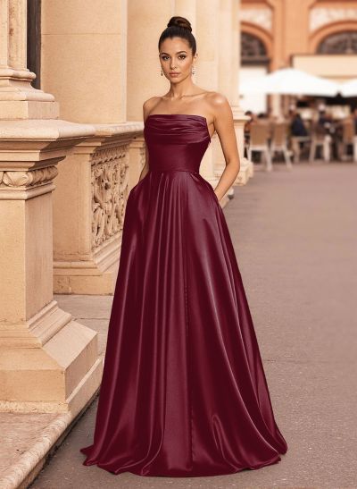 Minimalistic A-Line Strapless Matte Satin Prom Dresses With Lace Up Back