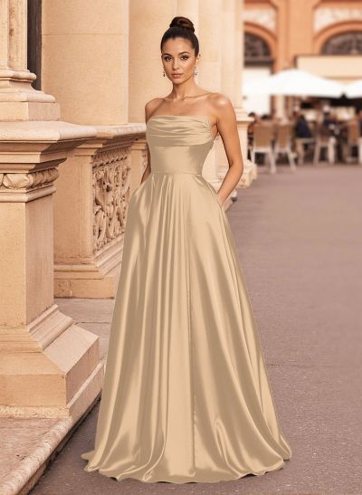 Minimalistic A-Line Strapless Matte Satin Prom Dresses With Lace Up Back