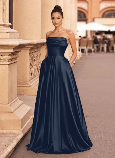 Minimalistic A-Line Strapless Matte Satin Prom Dresses With Lace Up Back