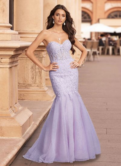 Exquisite Trumpet Sweetheart Sleeveless Lace/Tulle Prom Dresses With Appliques Lace