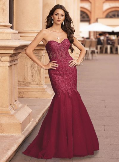 Exquisite Trumpet Sweetheart Sleeveless Lace/Tulle Prom Dresses With Appliques Lace