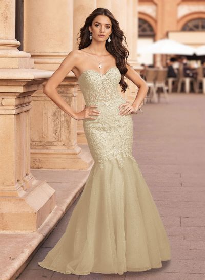 Exquisite Trumpet Sweetheart Sleeveless Lace/Tulle Prom Dresses With Appliques Lace