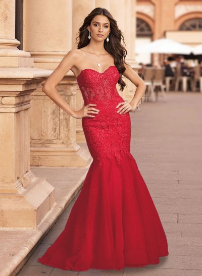 Exquisite Trumpet Sweetheart Sleeveless Lace/Tulle Prom Dresses With Appliques Lace