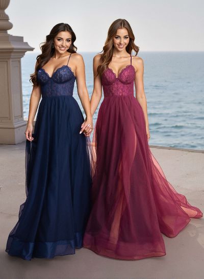 Elegant V-Neck Lace Corset High Split A-Line Sweep Train Tulle Prom Dresses