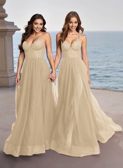 Elegant V-Neck Lace Corset High Split A-Line Sweep Train Tulle Prom Dresses