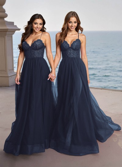 Elegant V-Neck Lace Corset High Split A-Line Sweep Train Tulle Prom Dresses