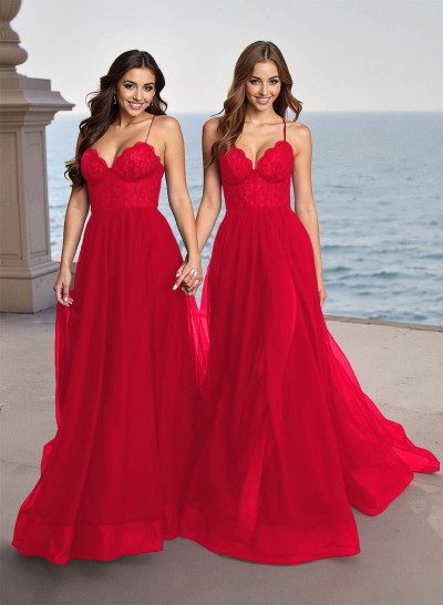 Elegant V-Neck Lace Corset High Split A-Line Sweep Train Tulle Prom Dresses