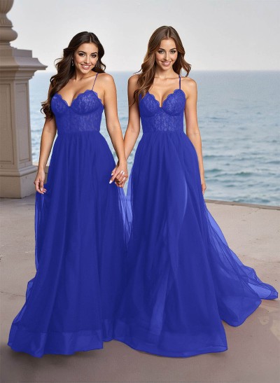 Elegant V-Neck Lace Corset High Split A-Line Sweep Train Tulle Prom Dresses