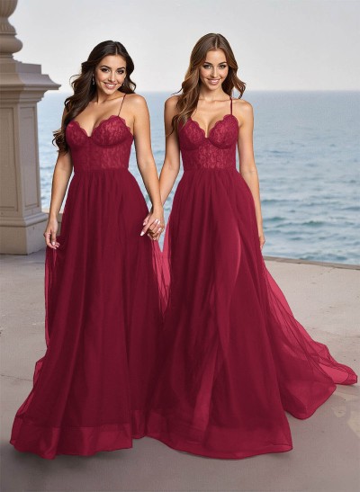 Elegant V-Neck Lace Corset High Split A-Line Sweep Train Tulle Prom Dresses