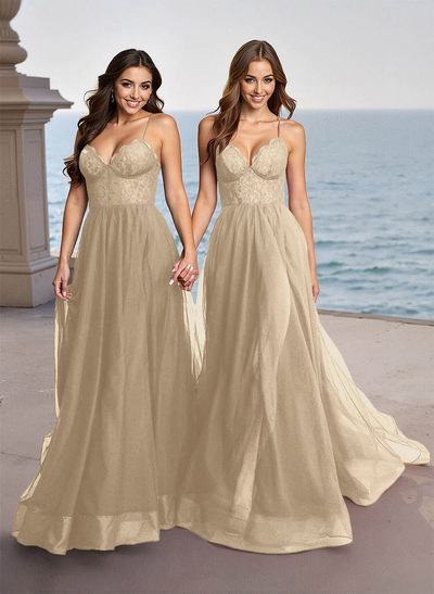 Elegant V-Neck Lace Corset High Split A-Line Sweep Train Tulle Prom Dresses
