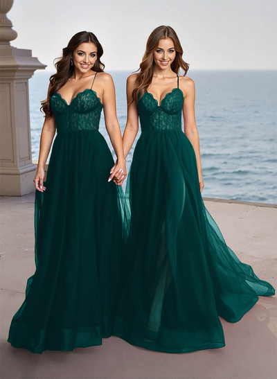 Elegant V-Neck Lace Corset High Split A-Line Sweep Train Tulle Prom Dresses