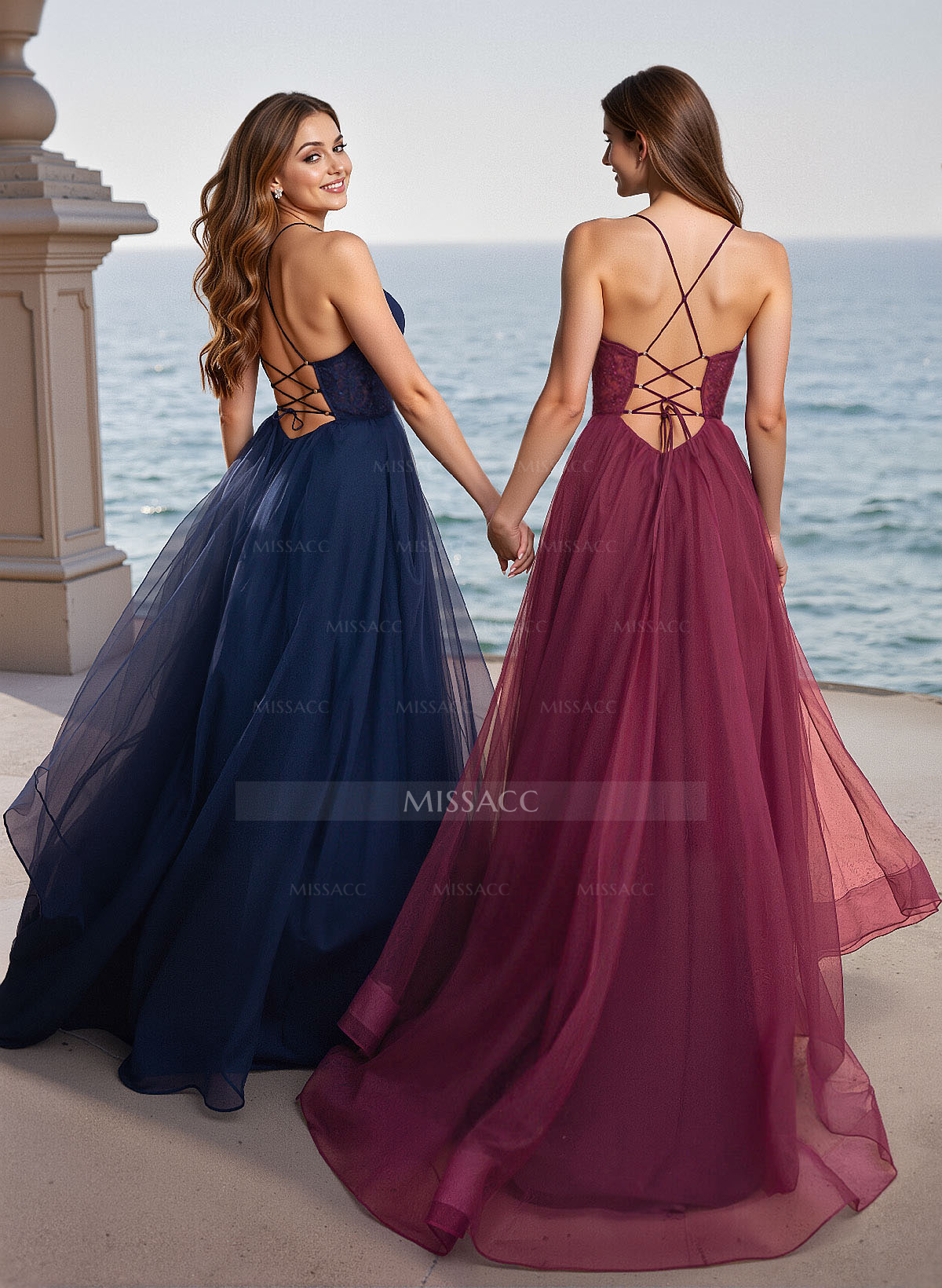Elegant V-Neck Lace Corset High Split A-Line Sweep Train Tulle Prom Dresses