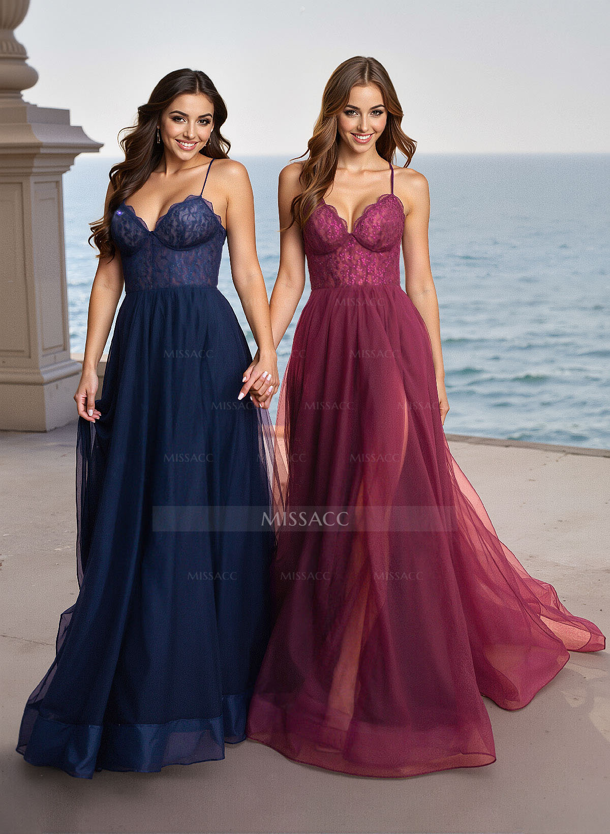Elegant V-Neck Lace Corset High Split A-Line Sweep Train Tulle Prom Dresses