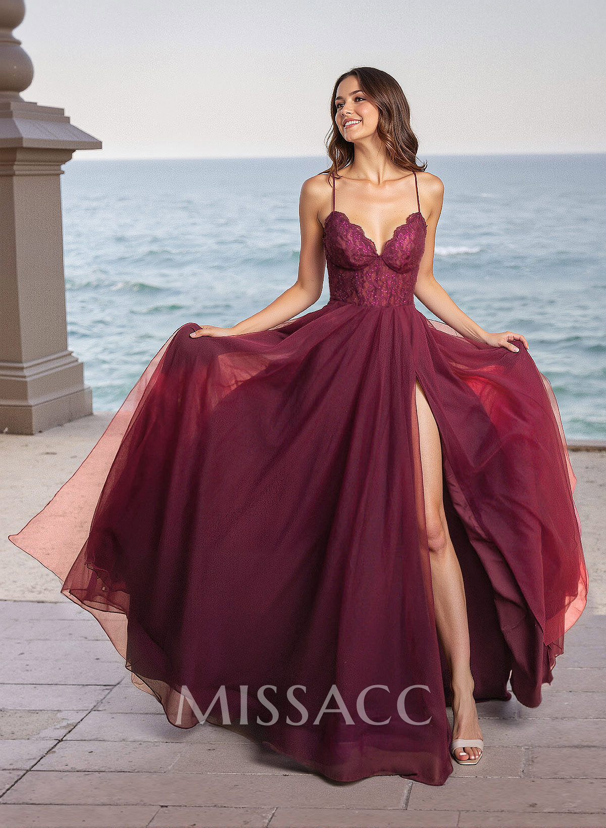 Elegant V-Neck Lace Corset High Split A-Line Sweep Train Tulle Prom Dresses