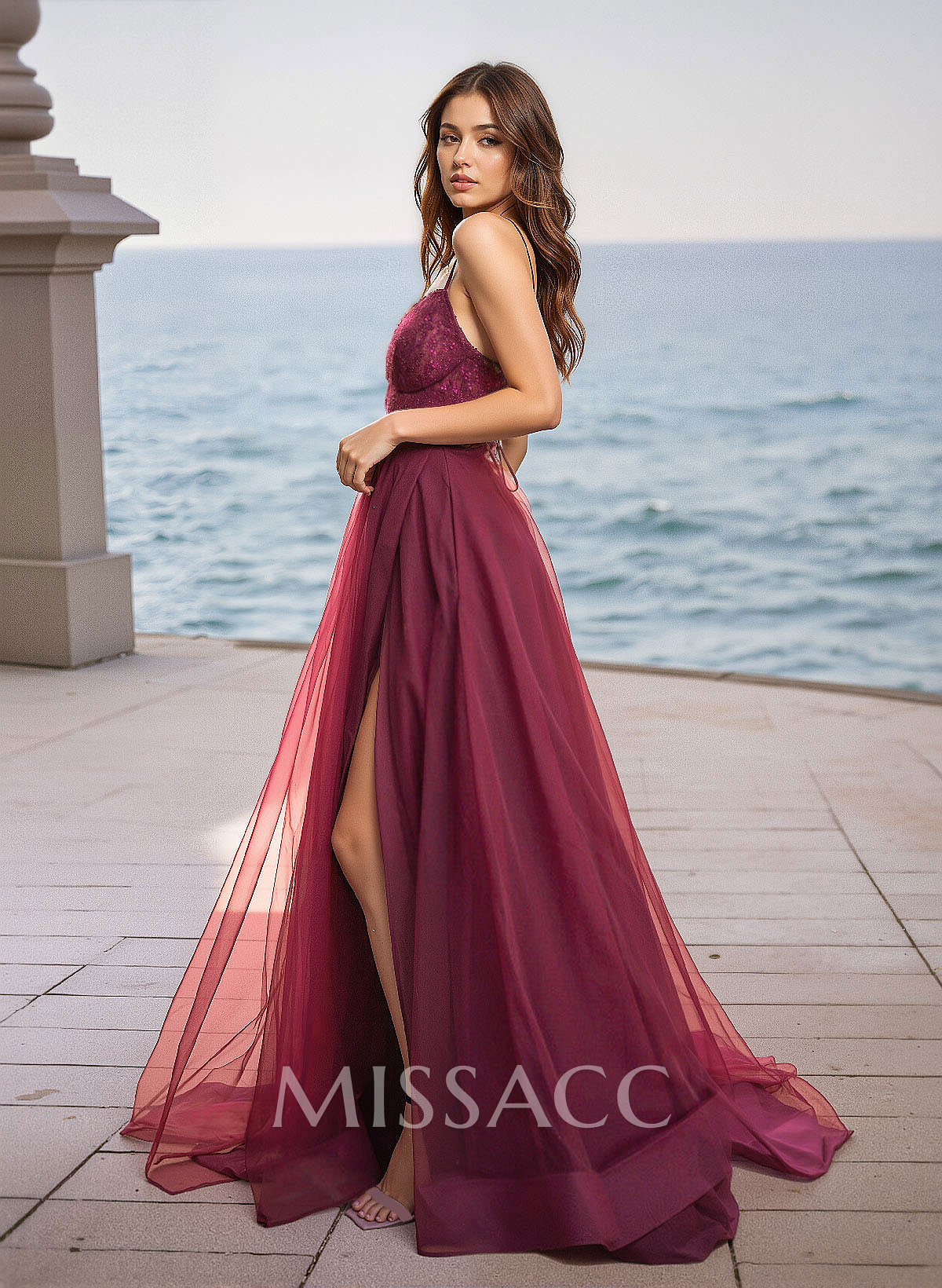 Elegant V-Neck Lace Corset High Split A-Line Sweep Train Tulle Prom Dresses
