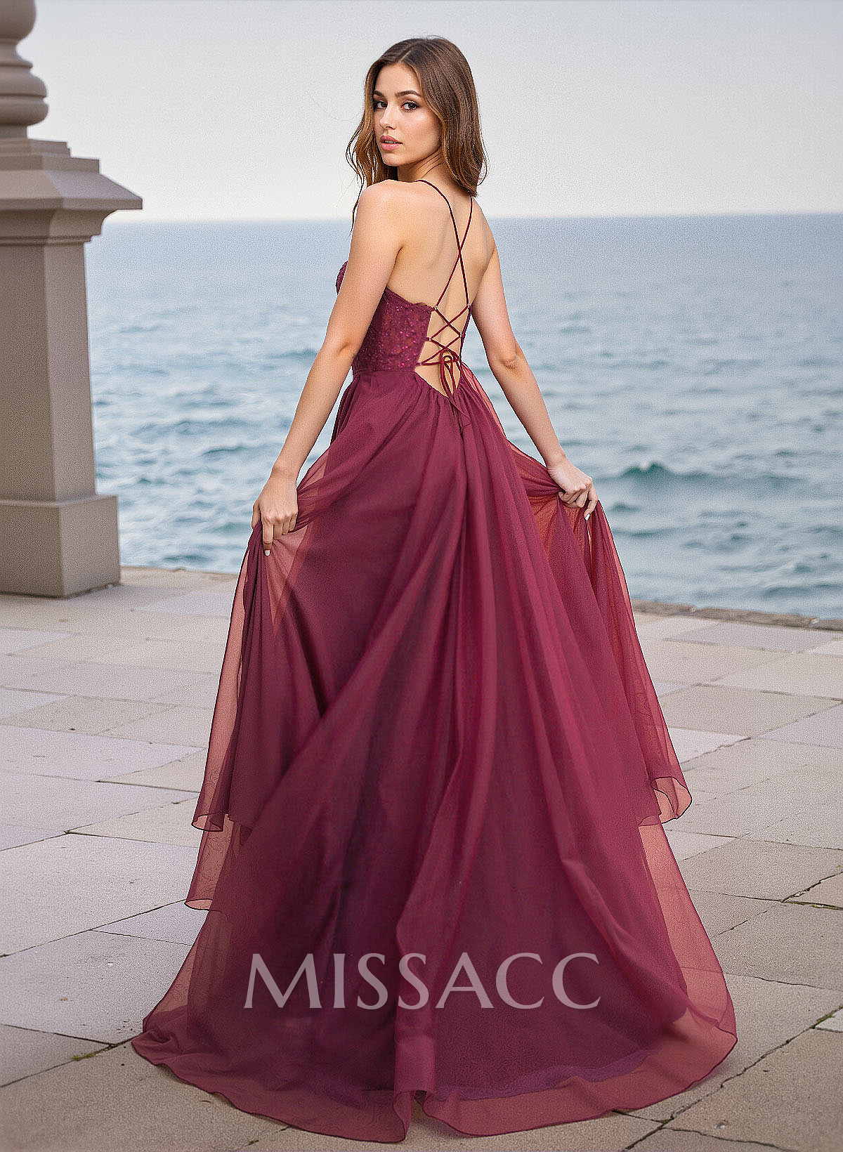 Elegant V-Neck Lace Corset High Split A-Line Sweep Train Tulle Prom Dresses