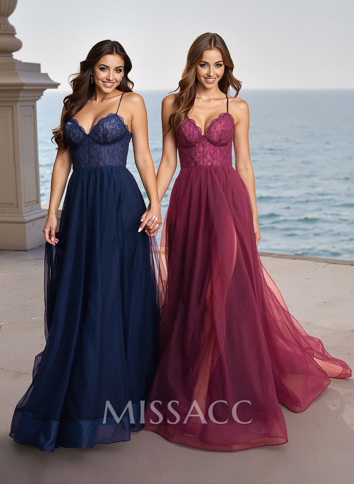 Elegant V-Neck Lace Corset High Split A-Line Sweep Train Tulle Prom Dresses