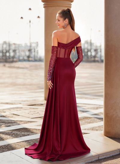 Unique Asymmetrical Neckline Detachable Sleeves Sweep Train Satin Prom Dresses