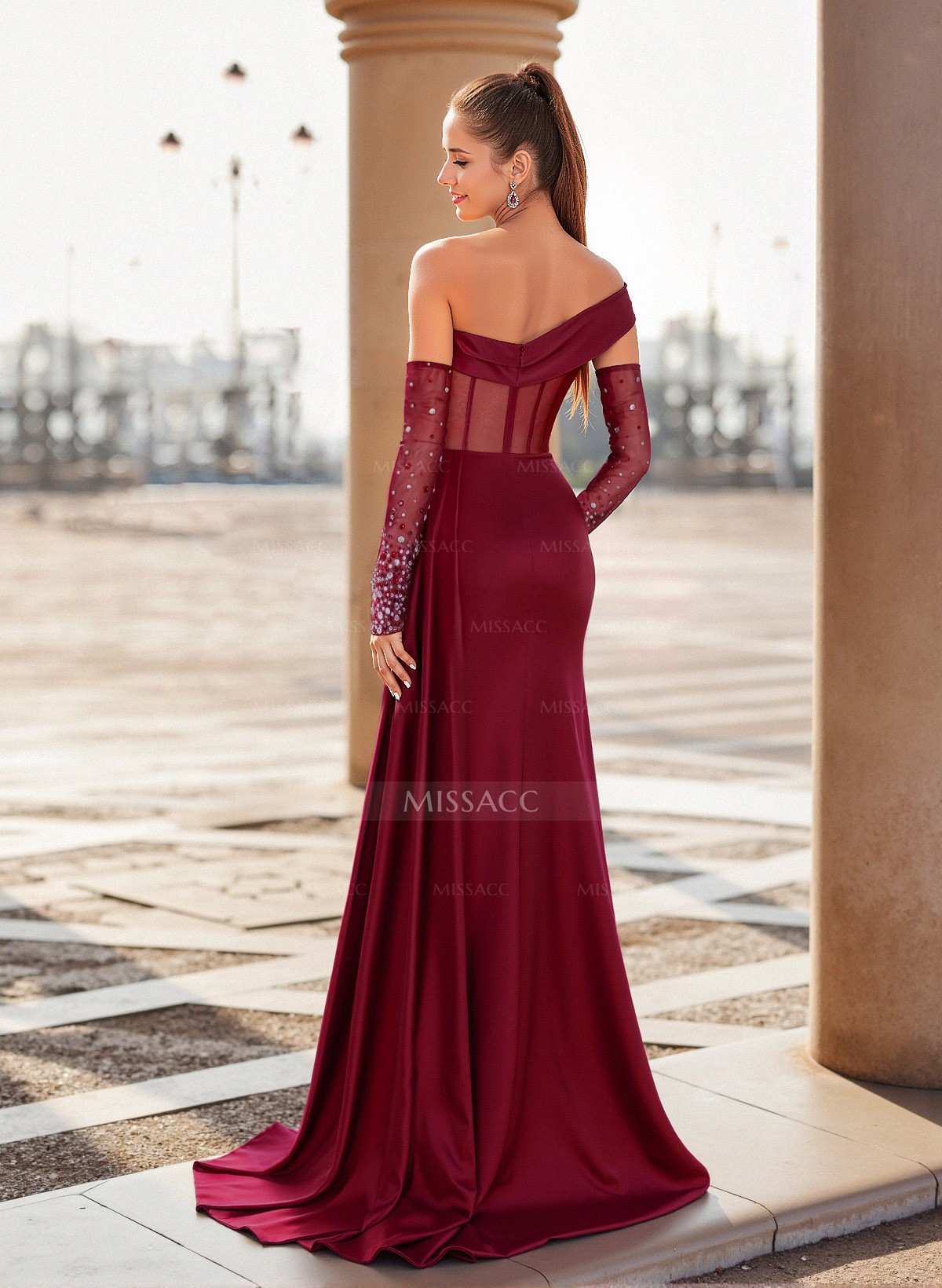 Unique Asymmetrical Neckline Detachable Sleeves Sweep Train Satin Prom Dresses