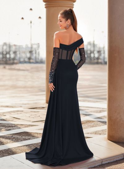 Unique Asymmetrical Neckline Detachable Sleeves Sweep Train Crepe Satin Prom Dresses