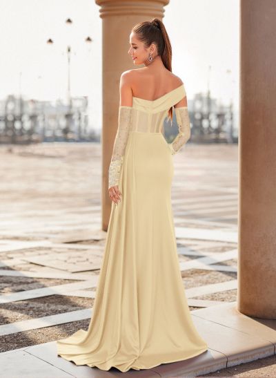 Unique Asymmetrical Neckline Detachable Sleeves Sweep Train Crepe Satin Prom Dresses