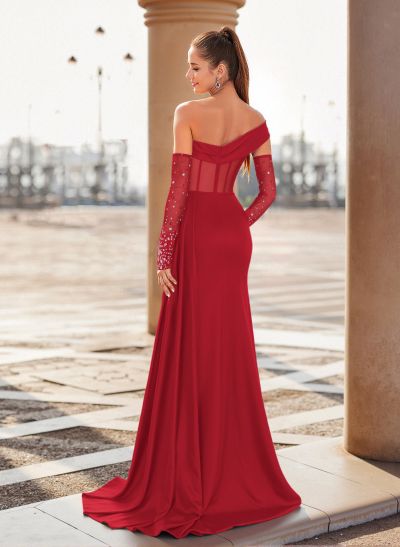 Unique Asymmetrical Neckline Detachable Sleeves Sweep Train Crepe Satin Prom Dresses