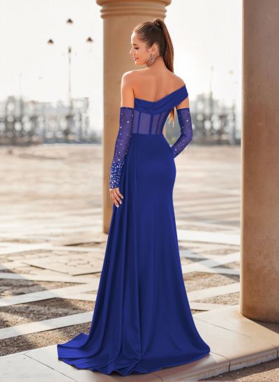 Unique Asymmetrical Neckline Detachable Sleeves Sweep Train Crepe Satin Prom Dresses