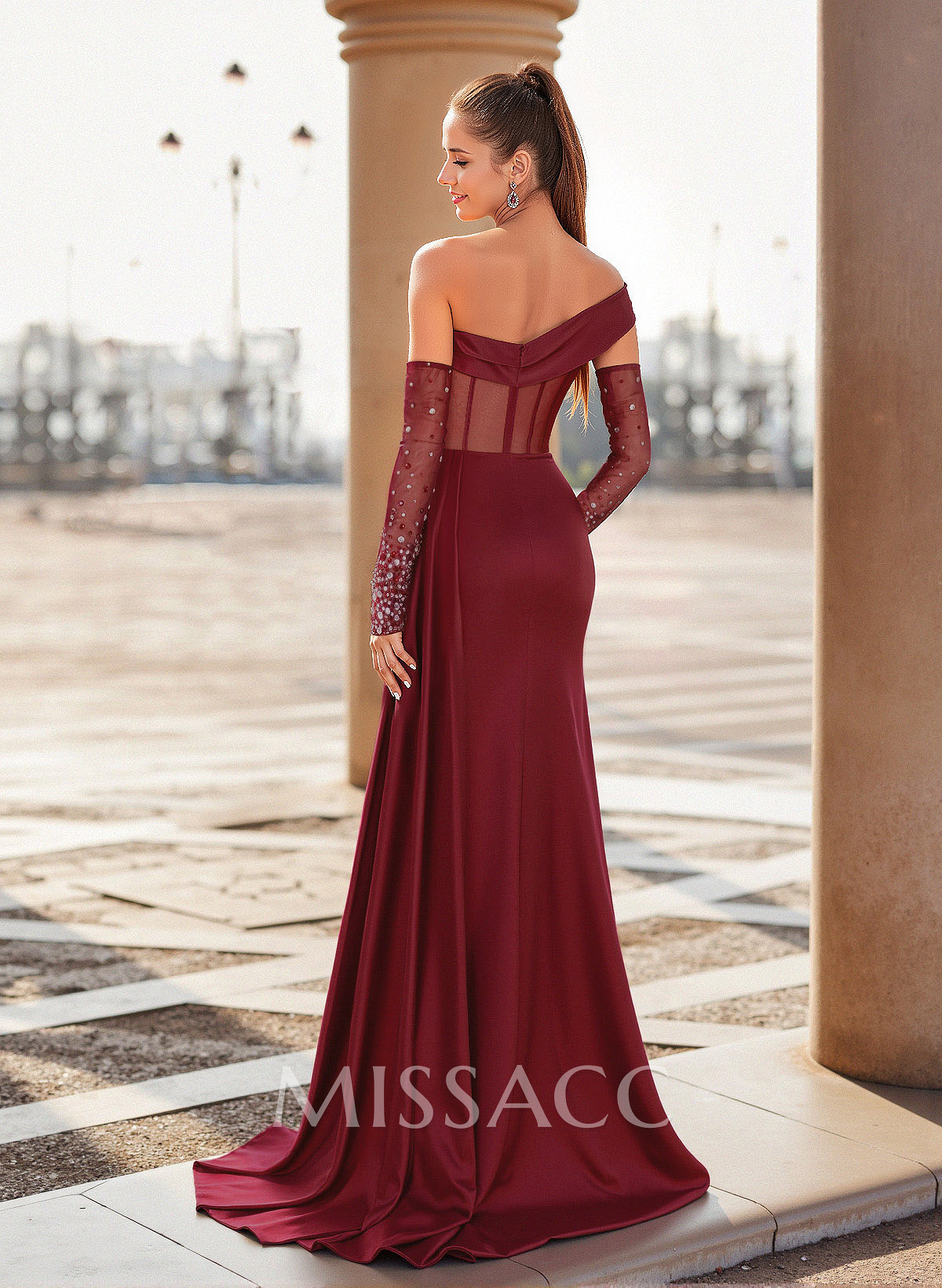 Unique Asymmetrical Neckline Detachable Sleeves Sweep Train Crepe Satin Prom Dresses
