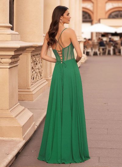 Flattering V-Neck Spaghetti Straps Lace Up Back Chiffon Prom Dresses With High Split